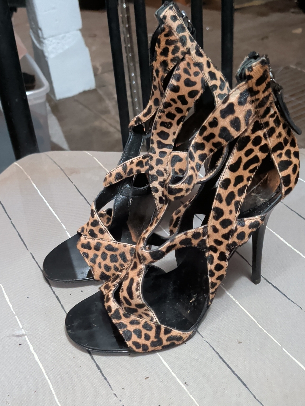 Unworn Without Box Leopard Print Strappy High Heel Sandals - Tan/Black